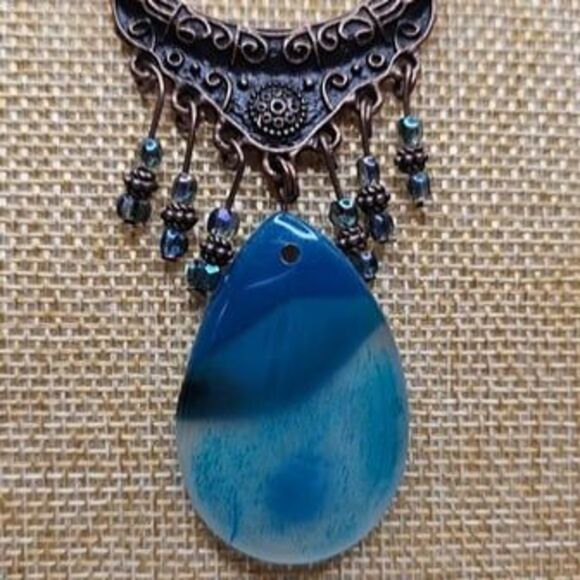 Blue Agate 2"L Pendant Brass Gold Facet Cat's Eyes Bead Necklace 22.5"L - Picture 2 of 6